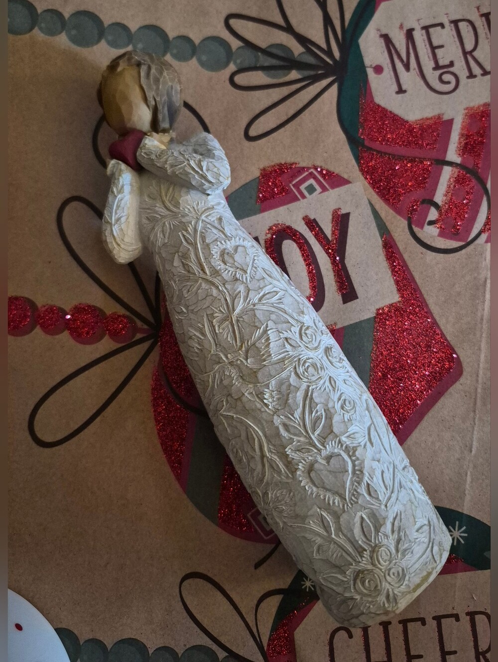 Demdaco willow Tree Ivory Carved Angel Figurine with Red Scarf Accent